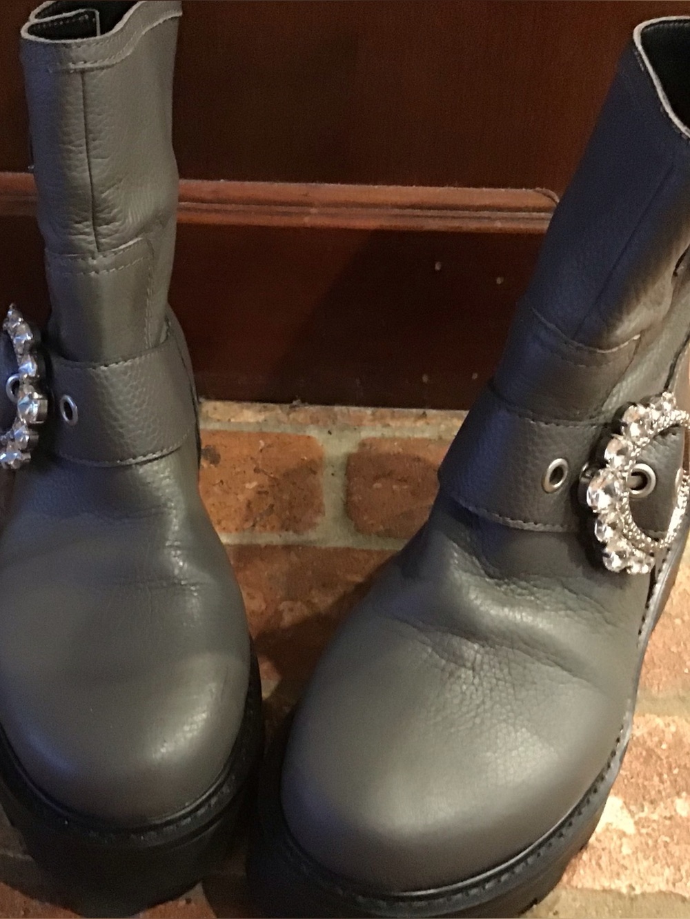 Gray Leather Combat Boots with Jeweled Buckle